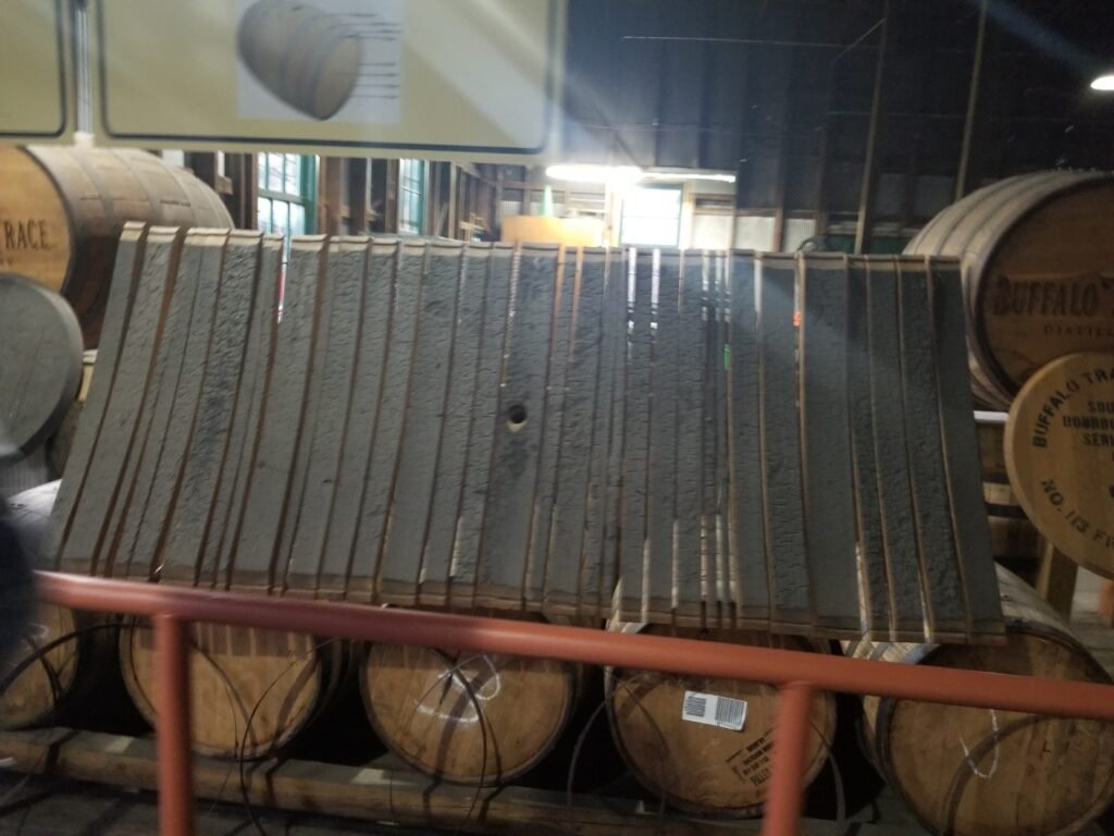 Photos from Buffalo Trace Distillery Tour. Exploded view of charred oak barrel.