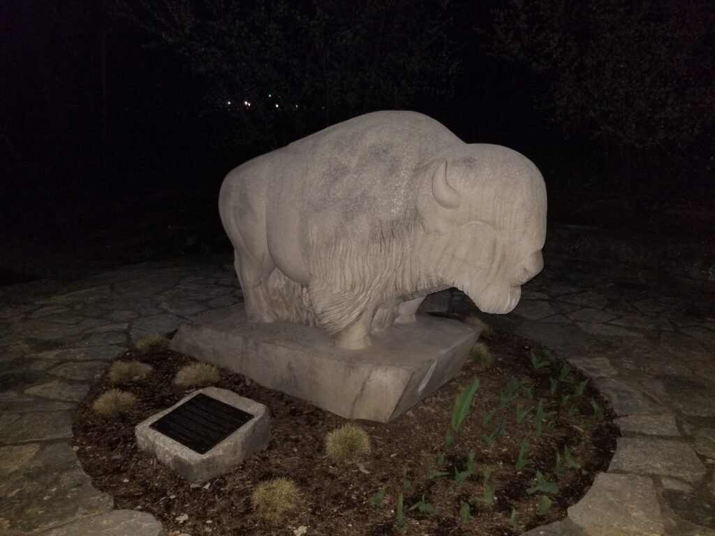 Photos from Buffalo Trace Distillery Tour. Stone carved buffalo outside of Buffalo Trace